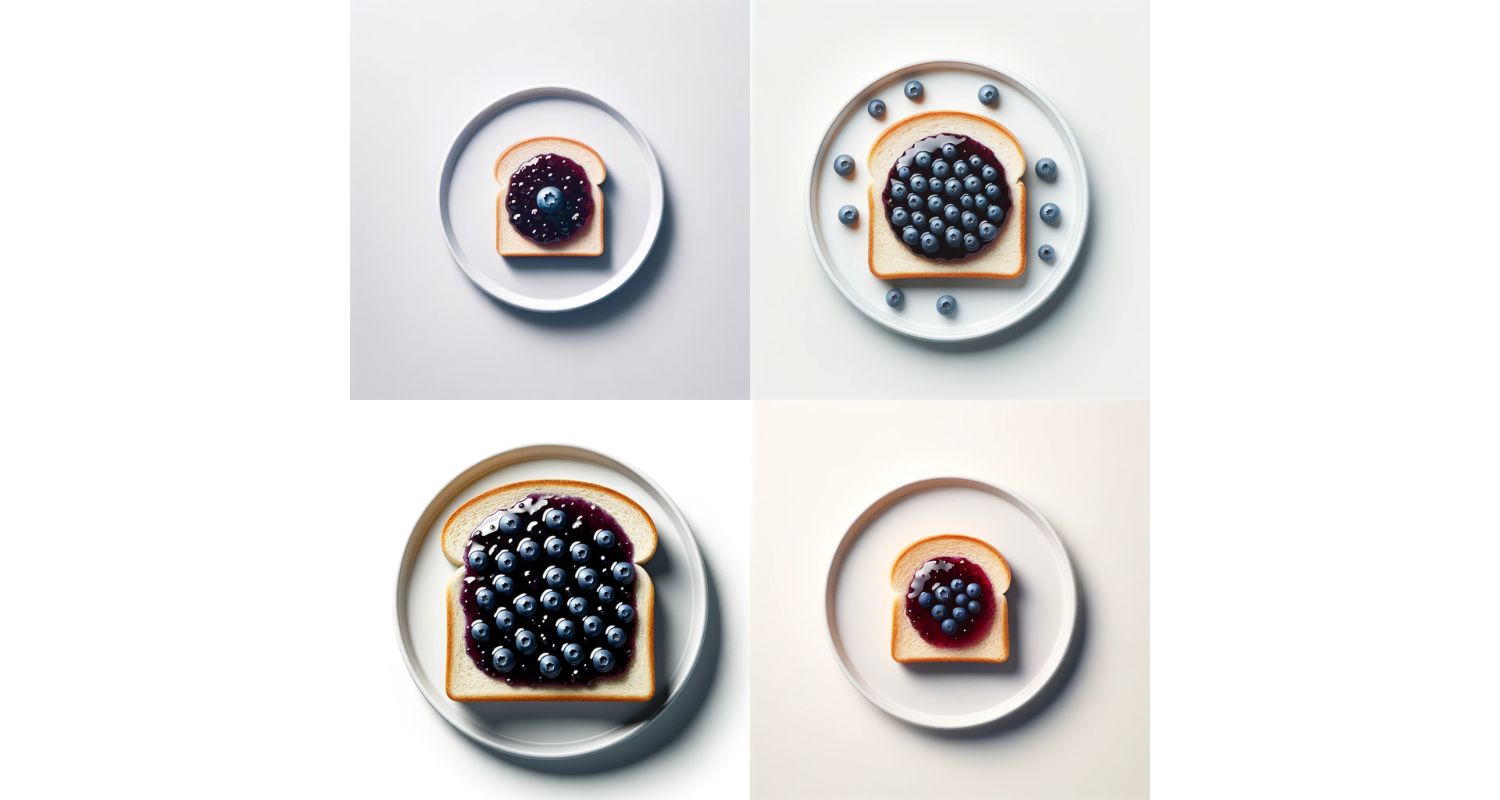 プロンプト：食パンにブルーベリージャムが乗っている画像。白くて丸い皿の上に載っている。構図は俯瞰。シンプルな画像。