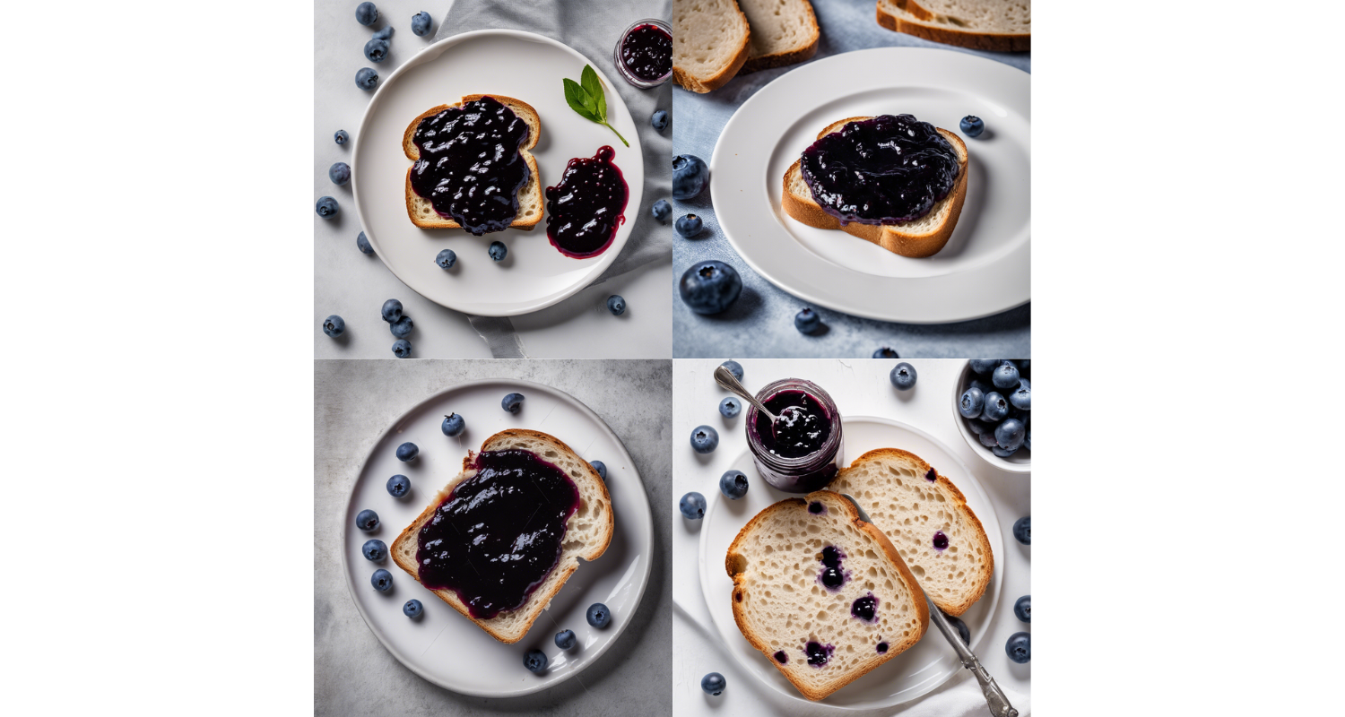 プロンプト：食パンにブルーベリージャムが乗っている画像。白くて丸い皿の上に載っている。構図は俯瞰。シンプルな画像。
